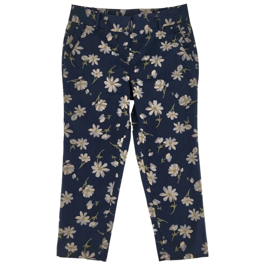 Talbots Crop Pants Size 8P Navy Blue Floral Print Textured Stretch Cotton Blend